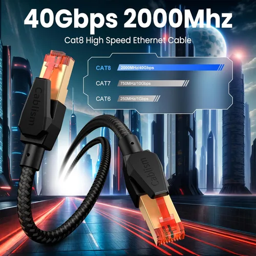 Vista 2 de Cable Ethernet Cat 8 de 1 pie - Paquete de 2, Corto, Cable de Red LAN de Alta Velocidad Resistente Chapado en Oro RJ45 40Gbps 2000MHz Blindado Cable