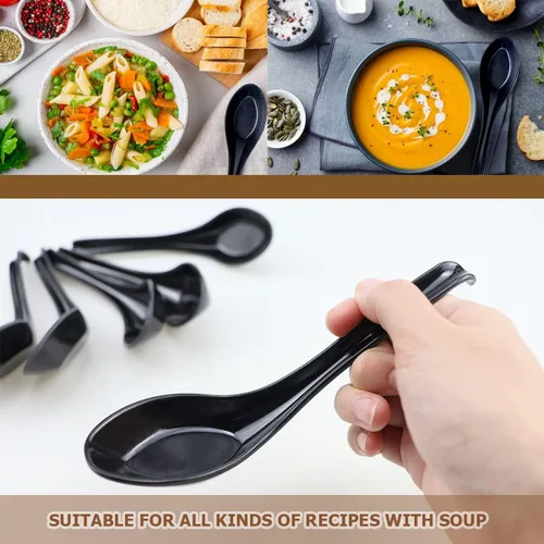 Vista 5 de DOERDO 6 cucharas de sopa de estilo japonés, cucharas de sopa asiáticas chinas con mango largo para mezclar cocina, hornear, cocinar, negro