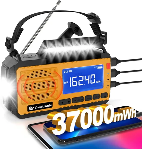 Radio de manivela de emergencia, radio solar de emergencia de manivela manual de 37000 mWh (10000 mAh) Radio meteorológica AM/FM NOAA con pantalla