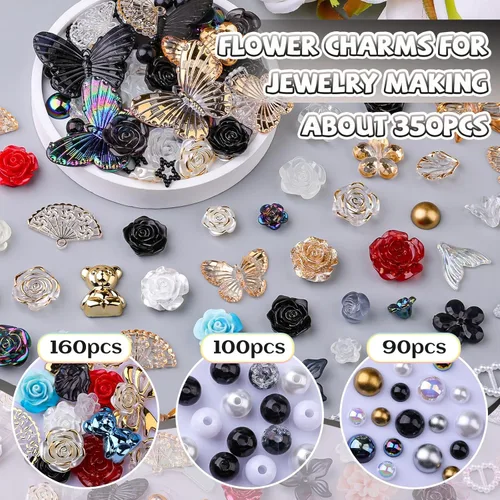 Vista 2 de 350 piezas de resina 3D ABS coloridos lazos de flores de rosas con parte trasera plana, cuentas de perlas semicirculares para pulseras, aretes