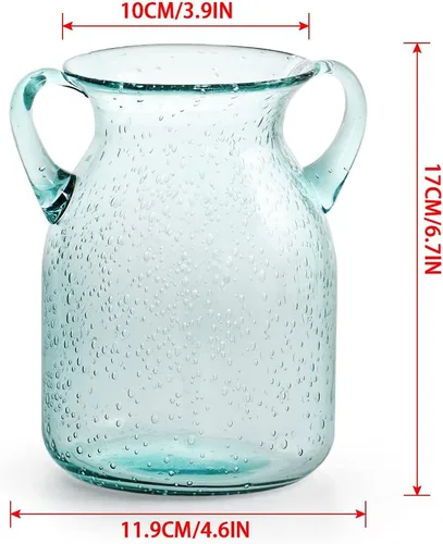 Vista 3 de Jarrón de vidrio con semillas MDLUU, 4.6" de ancho x 6.7" de alto, transparente, diseño de doble oreja, estilo moderno costero, perfecto