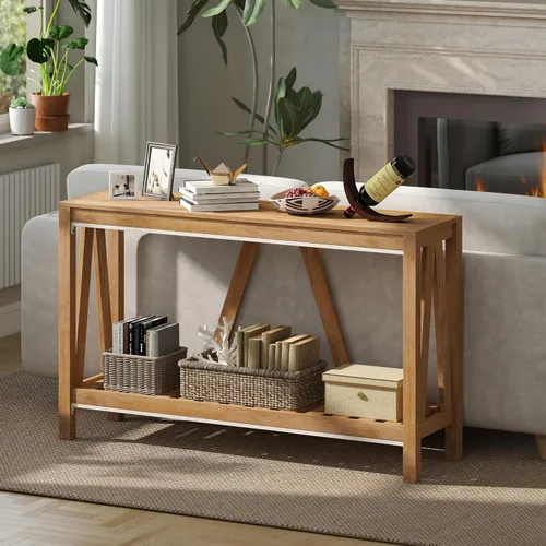 Vista 7 de HOMCOM Mesa consola, mesa de entrada de granja con estante de listones de almacenamiento, mesa de sofá rústica con anti-volquete para sala de estar