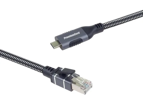 Vista 5 de PremiumCord Ethernet Cable USB-C to RJ45 10/100/1000 Mbit/s, Cat 6 FTP, USB-C Male to RJ45 Male, USB 3.2 Gen 1, Robust Braided Cable, Space Grey