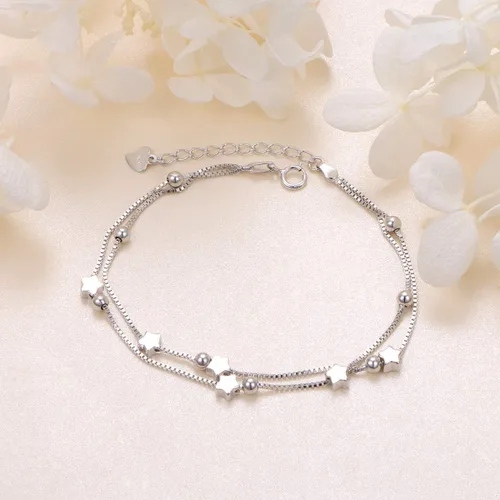 Vista 3 de Pulsera de plata de ley S925 con cuentas de corazón y estrellas de doble cadena, ajustable, regalo para mujeres y niñas, de 7 + 2 pulgadas