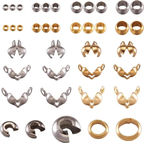 Vista 2 de Pandahall - Juego de 370 cuentas de acero inoxidable con cuentas de engarce abiertas, cubiertas de nudos, puntas de cuentas y cuentas de extremo