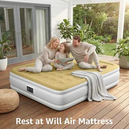 Vista 8 de YENING Colchón de aire tamaño completo con bomba incorporada, cama elevada doble inflable, cama de aire hinchable para camping eléctrico de 18 Beige