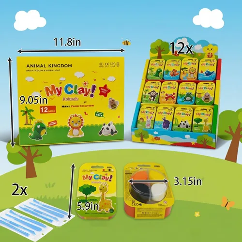 Vista 5 de Kit de arcilla seca al aire, arcilla para modelar 12 animales del reino para niños, arcilla mágica modelo de bricolaje con herramientas y tarjetas