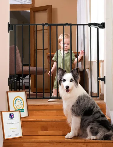 Vista 27 de Babelio Puerta de seguridad para bebés para escaleras, cocina y puertas, sin barra inferior, fácil instalación, operación con una sola mano, cierre