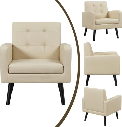 Vista 9 de Yaheetech - Sillas de acento de mediados de siglo, silla moderna tapizada de piel sintética para sala de estar, sillón acogedor con respaldo