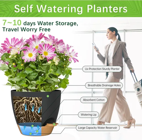 Vista 3 de Plant Pots 5/5.5/6/6.5/7/8 Inch Self Watering Pots, Set of 6 Plastic Planters with Drainage Holes,Plant Pot for Indoor Outdoor Plants(Black)