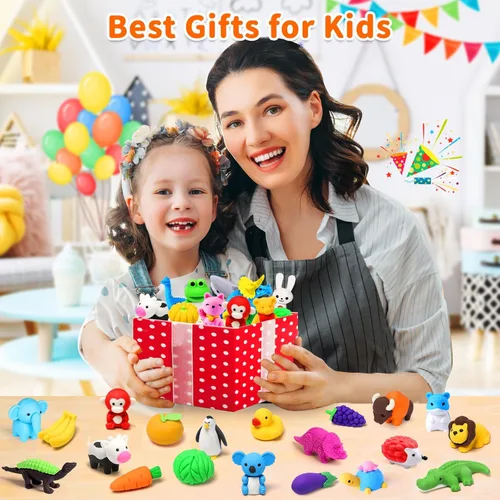 Vista 7 de Arscniek Paquete de 40 gomas de borrar 3D para rompecabezas de animales y alimentos para niños, gomas de borrar de lápiz mini desmontables
