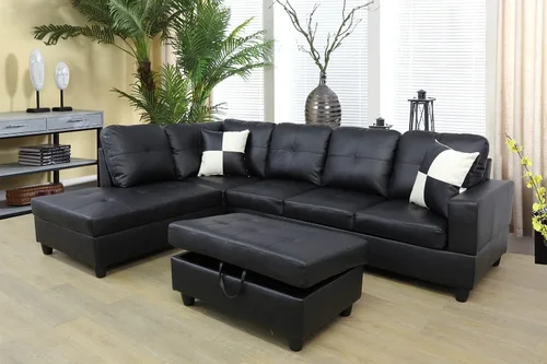 Vista 23 de Juego de sofá seccional de cuero negro para sala de estar, sofá seccional de piel sintética negra de 105 pulgadas, sofá en forma de L con otomana