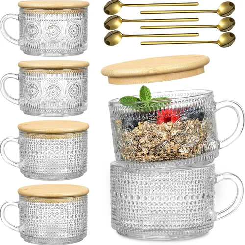 Vista 9 de Tazas de café vintage, contenedores de avena nocturna con tapas y cucharas de bambú - Tazas de vidrio claro grabado de 14oz, lindos accesorios