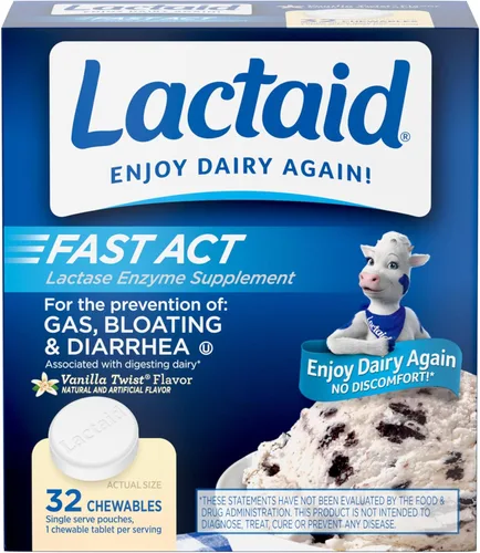 Lactaid Fast Act - Masticables para aliviar la intolerancia a la lactosa con enzima de lactasa natural para prevenir gases, hinchazón y diarrea