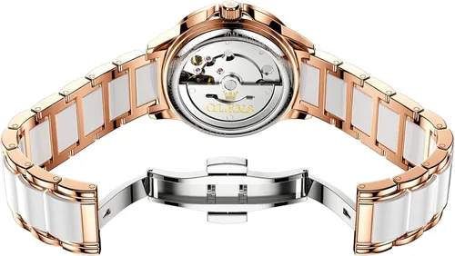 Vista 3 de OLEVS Relojes mecánicos automáticos para mujer, caja de diamantes de cerámica de oro rosa, resistente al agua, luminosos relojes de pulsera