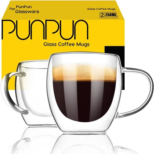 PunPun Vasos de café expreso de 8.5 oz/8.5 fl oz, vasos de vidrio con aislamiento de doble pared, juego de 2