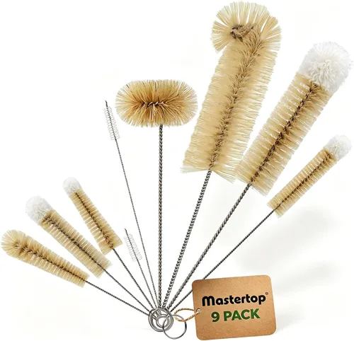MASTERTOP Juego de 9 cepillos para botellas, juego de limpieza de botellas de agua largas y cepillo para pajilla, sin BPA, cepillo limpiador de