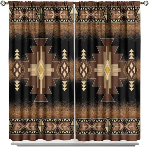 Vista 341 de Cortinas con patrón geométrico tribal, estilo suroeste, azteca, rústico, occidental, nativo americano, opacas, con bolsillo para barra, decoración