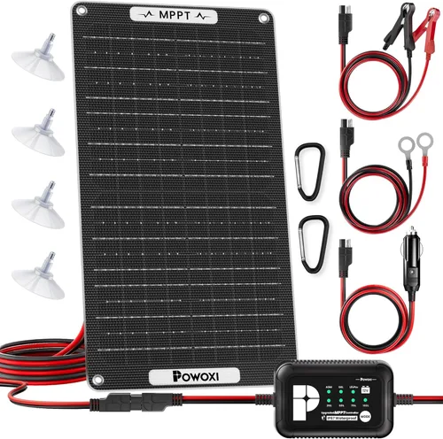 POWOXI Cargador de Batería Solar de 15W: Mantenedor de Goteo de Batería de Coche Solar de 12V - con Controlador MPPT de Parámetros Ajustables - para