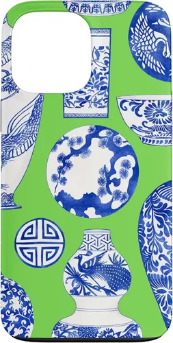 Vista 24 de Blue Willow Chinoiserie Pagoda Ginger Jar Preppy Blue Green Case para iPhone 16