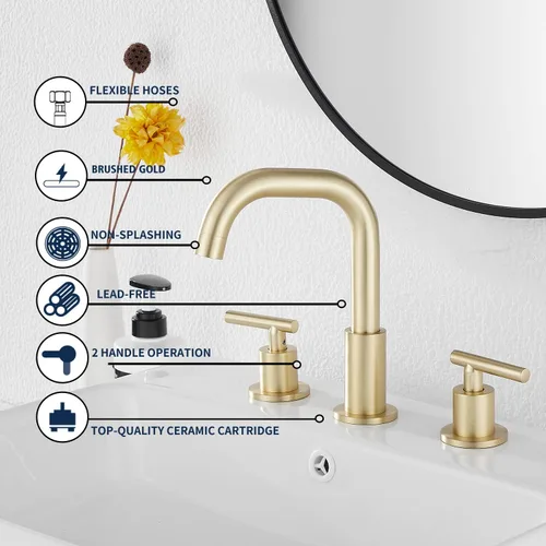 Vista 5 de GGStudy Caño giratorio de 360°, 2 asas, 3 agujeros, 8 pulgadas, grifo de lavabo de baño de oro cepillado a juego con drenaje desplegable