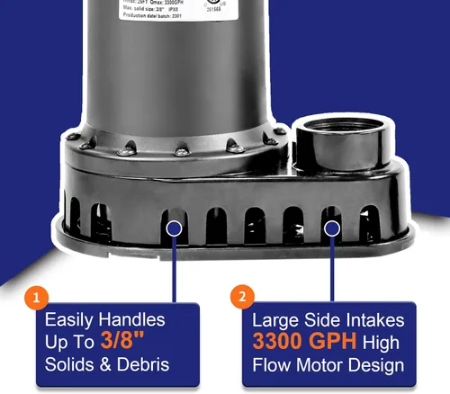 Vista 6 de WASSERMANN Bomba de Agua Sumergible de 1/2HP, 3300GPH Bomba de Utilidad Termoplástica Eléctrica Portátil de Transferencia para Sumidero Limpio/Sucio