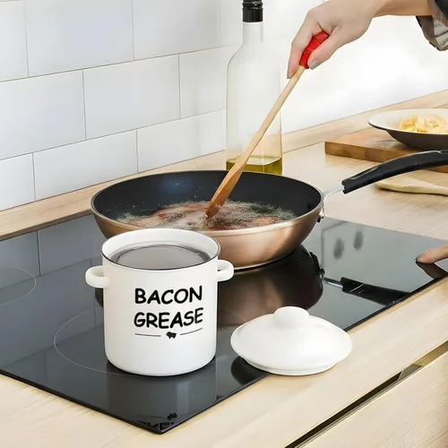 Vista 3 de SOLIGT Recipiente de grasa de tocino de cerámica con colador - 600ml / 20oz Recipiente de grasa de tocino de estilo rústico con asa de agarre fácil