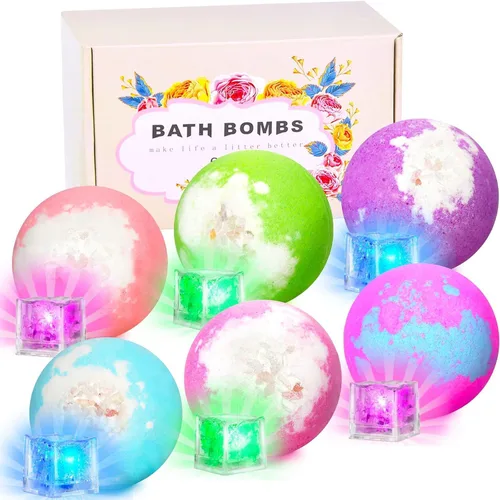 Bombas de baño iluminadas con sorpresa en el interior, juego de regalo natural XL de 4.23 onzas, 6 con aceites esenciales, bombas de baño grandes de