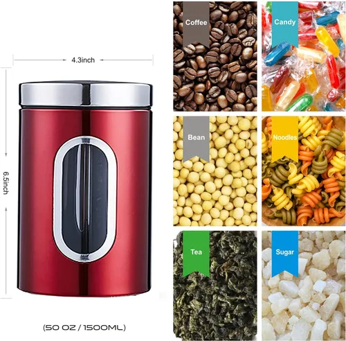 Vista 2 de Juego de recipientes de cocina de 3 piezas para azúcar, alimentos, té, café, dulces, tarros de almacenamiento de acero inoxidable con ventanas