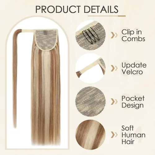 Vista 3 de Benehair Extensión de cola de caballo envolvente con pasta mágica, extensiones de cabello humano natural largo lacio de una pieza para mujeres, 22