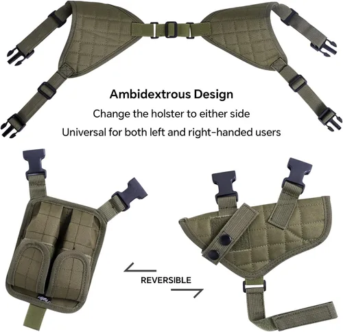 Vista 4 de Funda de hombro para pistolas, funda vertical ajustable para pistola con doble bolsa de cargador, funda de transporte oculta universal que se adapta