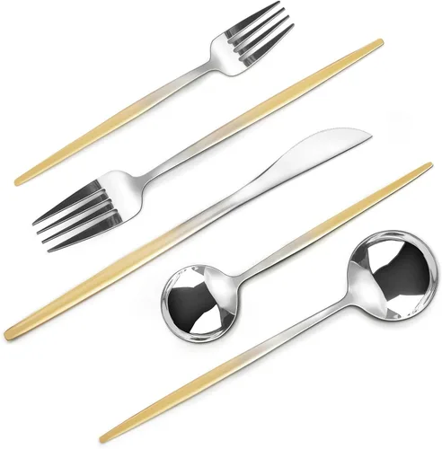 Vista 11 de VANVRO Juego de cubiertos color dorado champán, juego de cubiertos de acero inoxidable de 60 piezas, juego de cubiertos mate para 12, cubiertos
