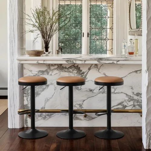 Vista 32 de CIMOTA Juego de 2 taburetes de bar redondos giratorios con espalda descubierta ajustable, taburete de bar moderno industrial para cocina, hogar