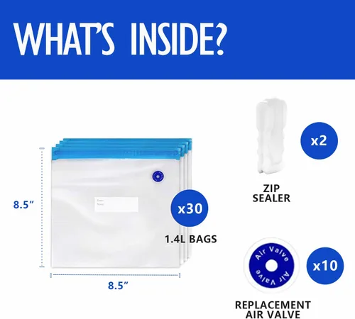 Vista 2 de VICARKO 30 bolsas con cremallera al vacío, bolsas selladoras al vacío, almacenamiento de alimentos, bolsas reutilizables, con doble capa, sin BPA