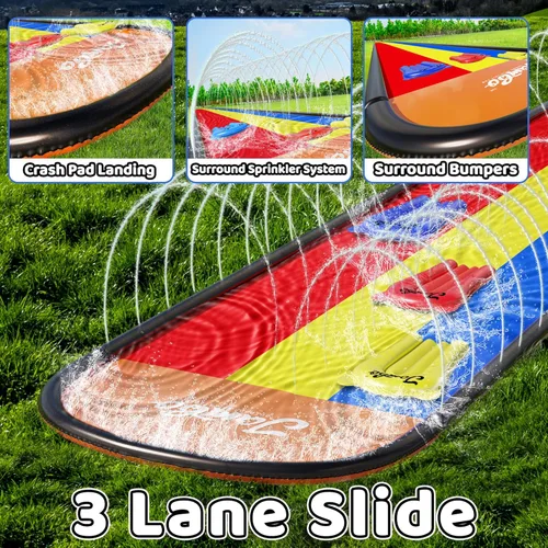 Vista 8 de JAMBO Premium Tobogán Deslizante de Salpicaduras de 16 Pies y 3 Tablas de Bodyboard, Tobogán Acuático de Servicio Pesado - Sistema de Aspersores