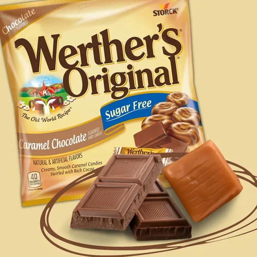 Vista 3 de Werther's - Caramelos duros originales de chocolate y caramelo sin azúcar, aperitivos envueltos individualmente para adultos, rellenos de cesta