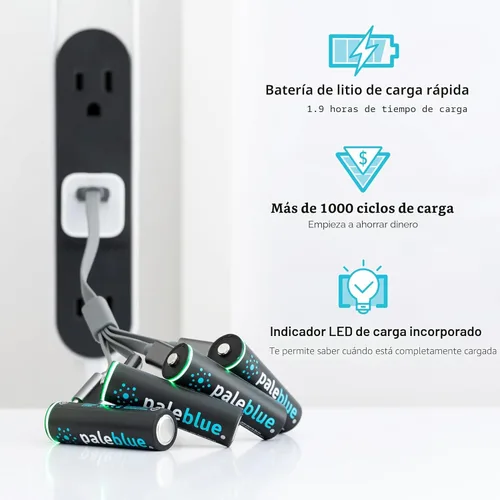 Vista 2 de Baterías AA recargables USB paleblue (paquete de 4) - 2550mWh de iones de litio, 1.5V, más de 1000 ciclos de carga, incluye cable de carga USB-A a
