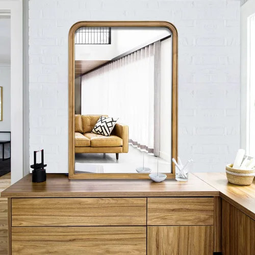 Vista 3 de Espejos de baño para pared, espejo de pared arqueado de granja decorativo para dormitorio o sala de estar, espejo con marco de madera rústica