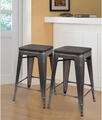 Vista 139 de GIA Taburete de mostrador sin respaldo de 24 pulgadas, cantidad de 4, bronce con asiento de madera clara