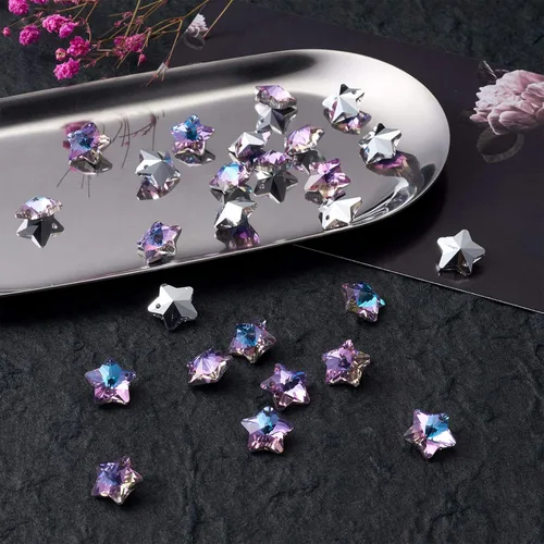 Vista 5 de FASHEWELRY 30 dijes colgantes de cristal facetado con estrellas de mar, multicolor, cristal del océano y playa, cuentas con parte trasera plateada