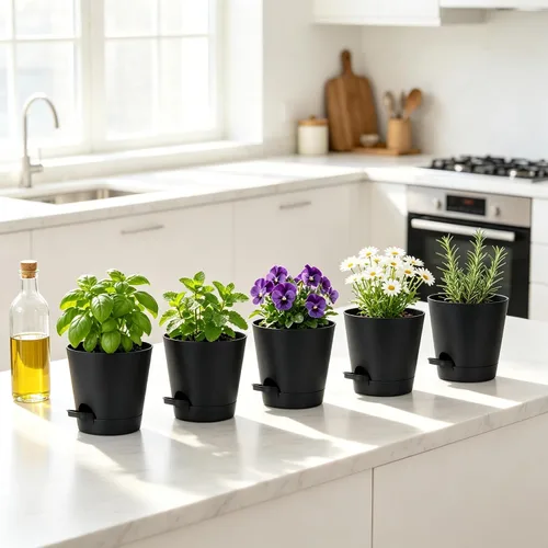 Vista 6 de Paquete de 12 macetas de riego automático de 4 pulgadas con drenaje y platillos, macetas de plástico para plantas de interior y exterior, macetas