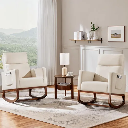 Vista 2 de Yaheetech Mecedora tapizada para cuarto de bebé, con patas de madera de goma, bolsillo lateral, sillón con respaldo alto para sala de estar, Beige