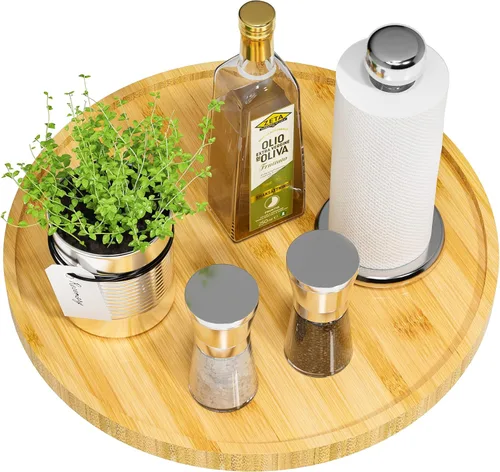 Vista 13 de Organizador Lazy Susan, Lazy Susan de Bambú Antideslizante de 9 Pulgadas para Almacenamiento de Mesa, Servilletero, Jarrón, Plato Giratorio