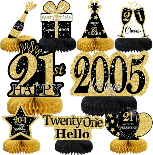 Vista 29 de 9 piezas de decoración de cumpleaños negro dorado 16 centros de mesa de panal para niños y niñas, centros de mesa de feliz cumpleaños 16