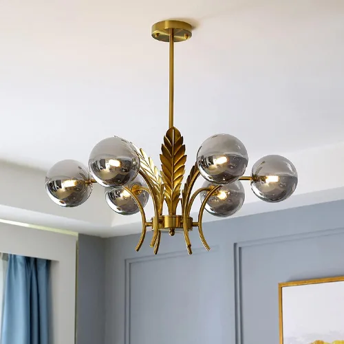 Vista 9 de Lámpara de araña Sputnik moderna con 6 luces, esfera con globos de cristal, lámpara colgante con decoración de hojas, acabado blanco
