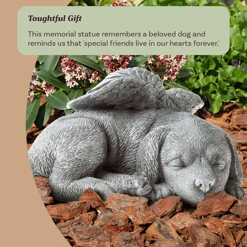 Vista 3 de Pure Garden Estatua conmemorativa de mascotas de escultura, perro ángel durmiente, acabado de piedra