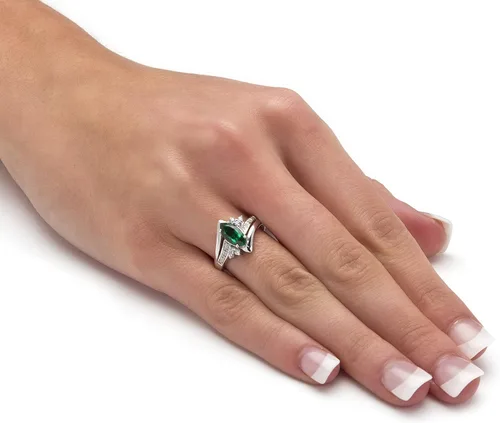 Vista 3 de PalmBeach Jewelry Platinum-plated Sterling Silver Marquise Cut Created Green Emerald and Round Cubic Zirconia Ring Sizes 5-10