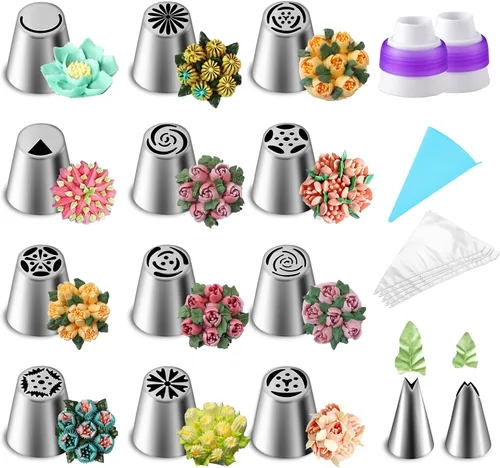 Suuker Juego de 27 puntas de tubería rusas, suministros para hornear para cupcakes, galletas, fiesta de cumpleaños (12 puntas de glaseado, 10 bolsas