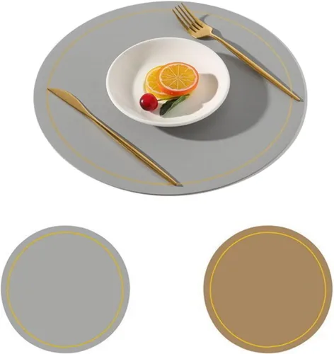 Vista 16 de Round Placemats Set of 6 with Gold Edged, Faux Leather Place Mats Reversible Washable Placemat Wipeable Dining Table Mats, Place Mats for Kitchen