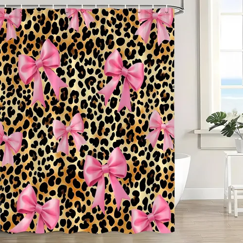 Cortina de ducha con estampado de leopardo y lazo rosa, diseño de guepardo marrón, a la moda, bonito y moderno, decoración estética, juego de Marrón